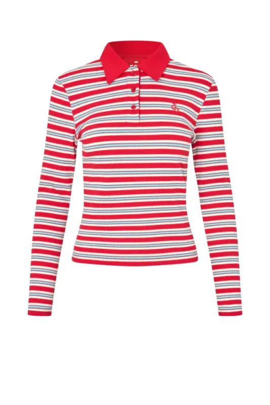 Lesliecras Polo Blouse Red Blue Stripe Cras
