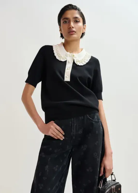 Jewelry Embroidered Knit Polo Black And Off-White Essentiel Antwerp